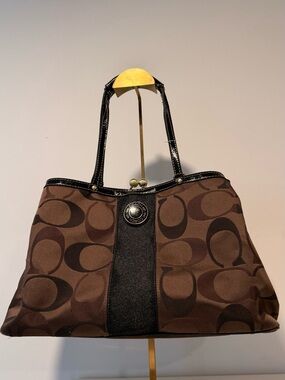 Coach Brown Signature Canvas Tote with Black Trim